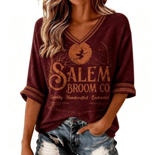 Women's Halloween Witch Letter Print V-Neck Half-Sleeve T-Shirt