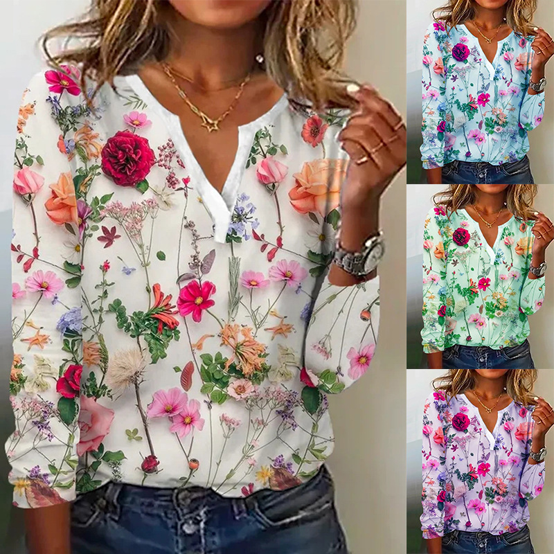 Floral Print V-Neck Long-Sleeve T-Shirt Top