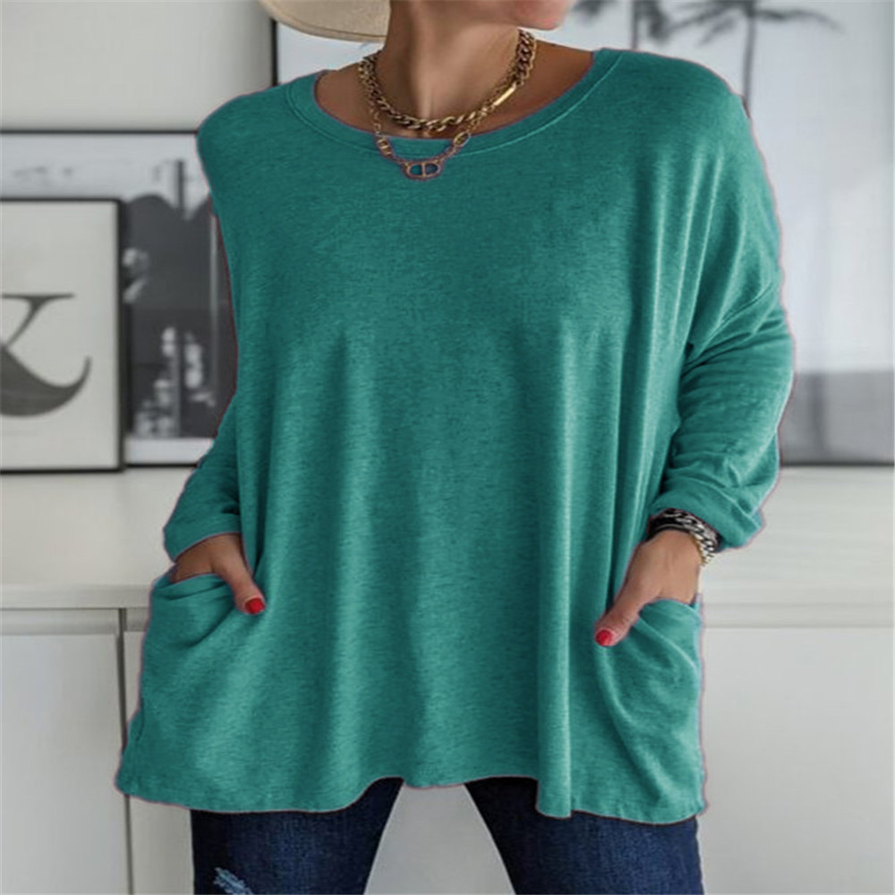 Women's Loose Fit Crewneck Long Sleeve Solid T-Shirt with Pocket