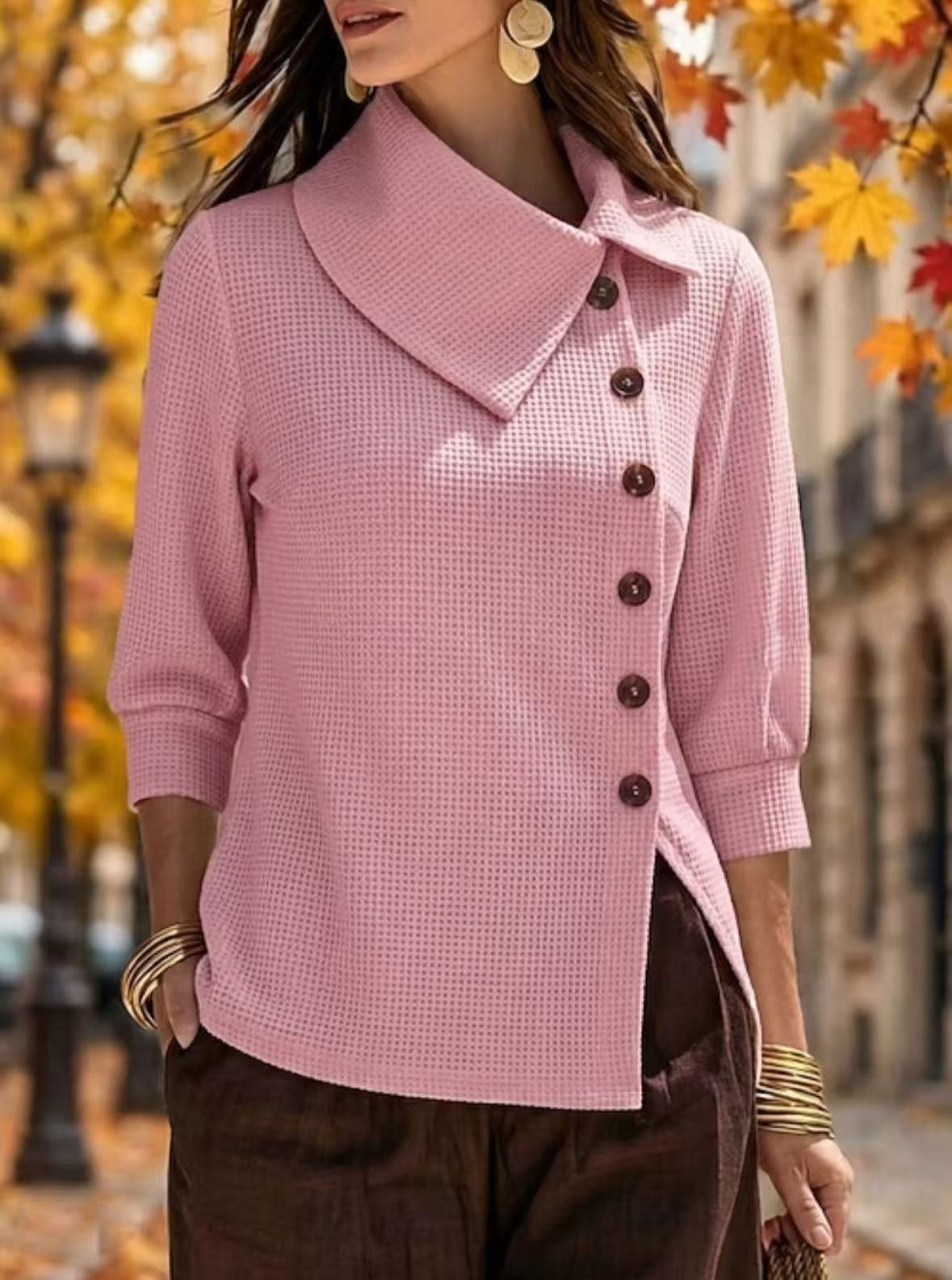 Waffle Knit Collared Asymmetric Button 3/4 Sleeve Loose Women's Top
