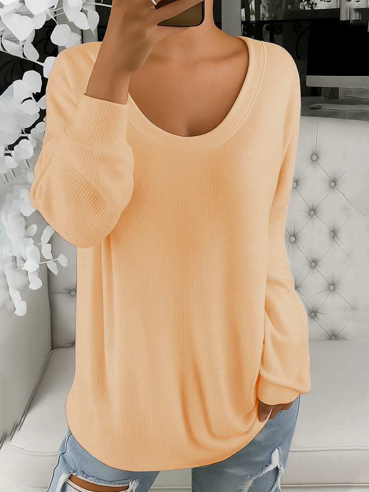 Women's Casual Loose Solid Color Retro Crewneck Long Sleeve Knit Sweater