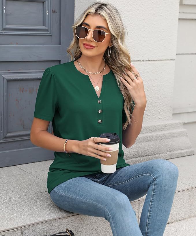 V-Neck Button-Down Short Sleeve Solid Shirt