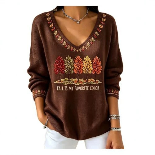 Women's V-Neck Long Sleeve T-Shirt with Tree Maple Leaf Print