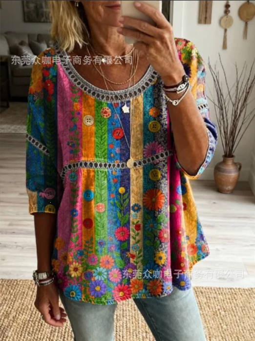 3D Floral Print Crewneck Half-Sleeve Ruched Top