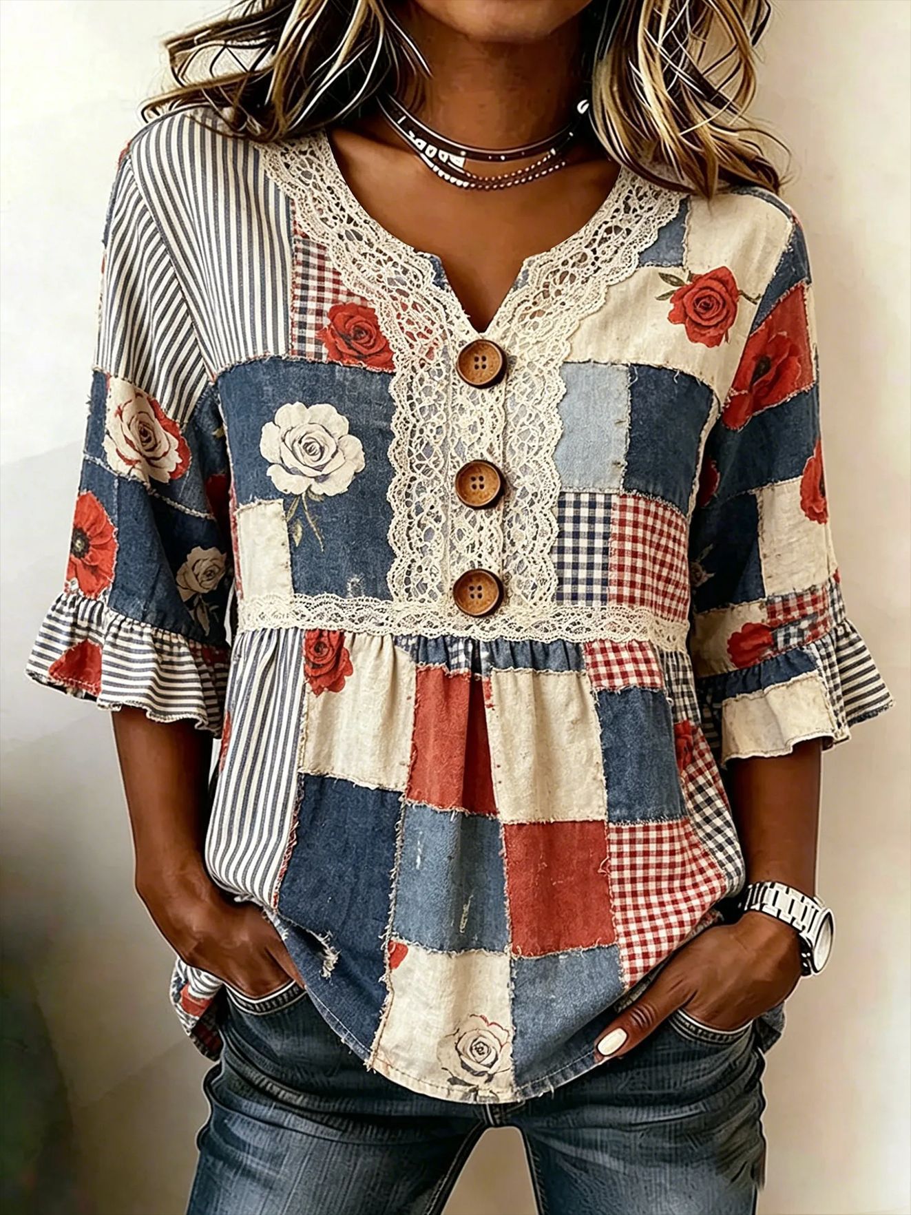 Women's Summer Floral Print Short Sleeve Button-Up Top