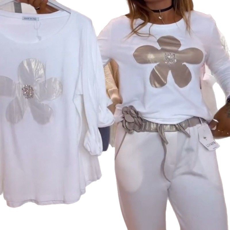 Women's White Floral Print Loose Fit Long Sleeve T-Shirt