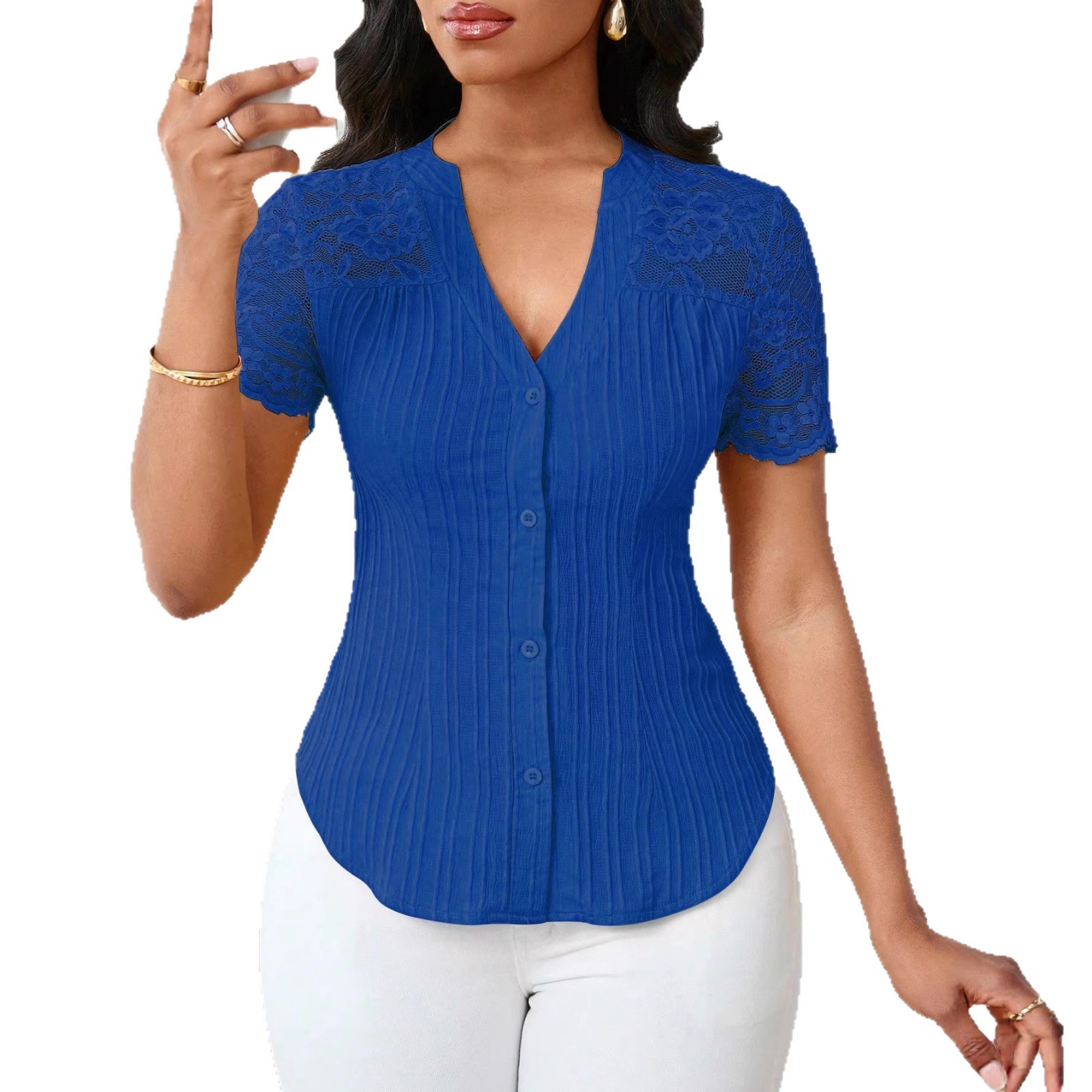 Women's Single-Breasted Embroidered Cutout Short-Sleeve Top