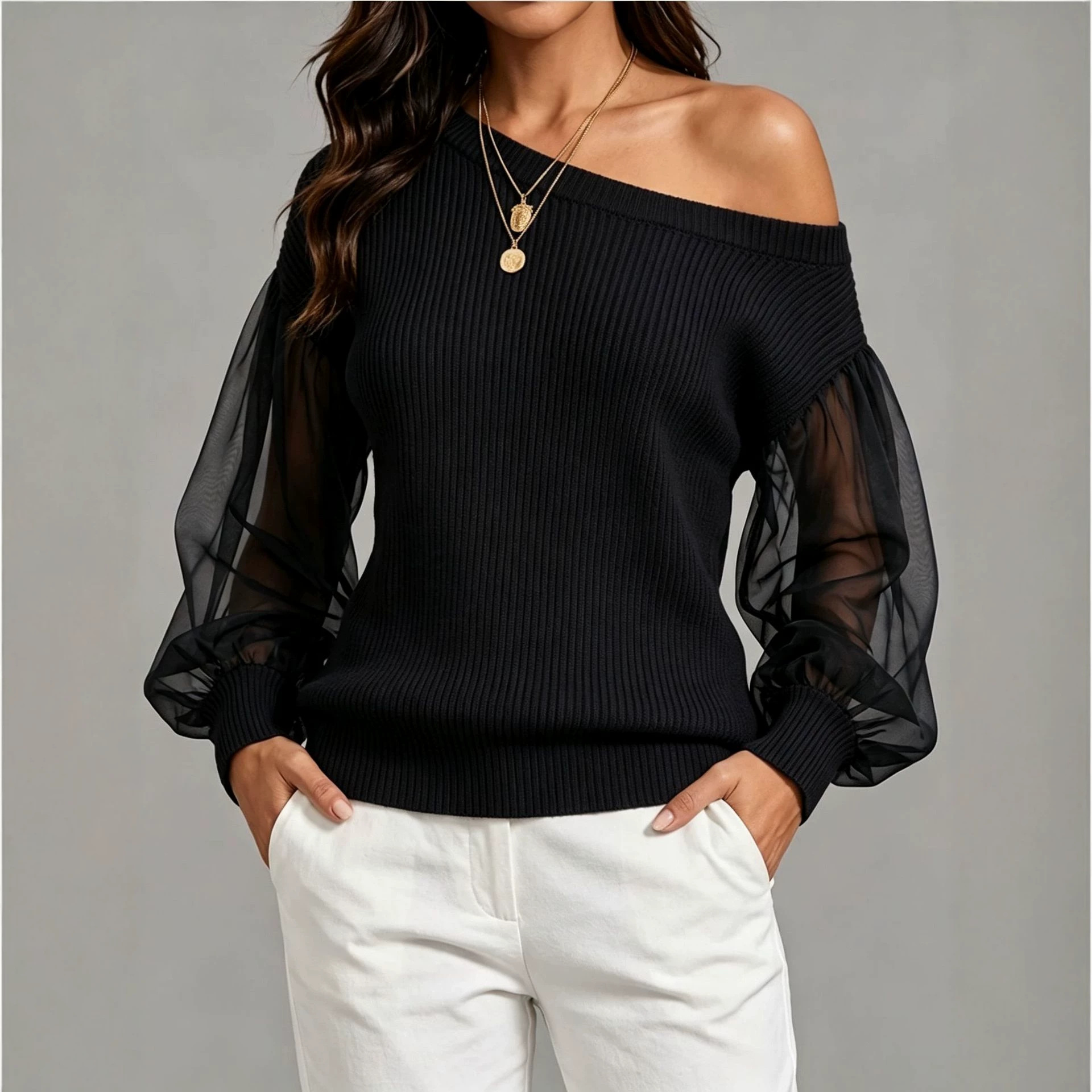 Women's Satin Knit Long-Sleeve Top Crew Neck Loose Fit