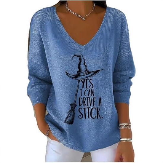 Halloween Witch Hat Broom Letter Print V-Neck Long-Sleeve T-Shirt