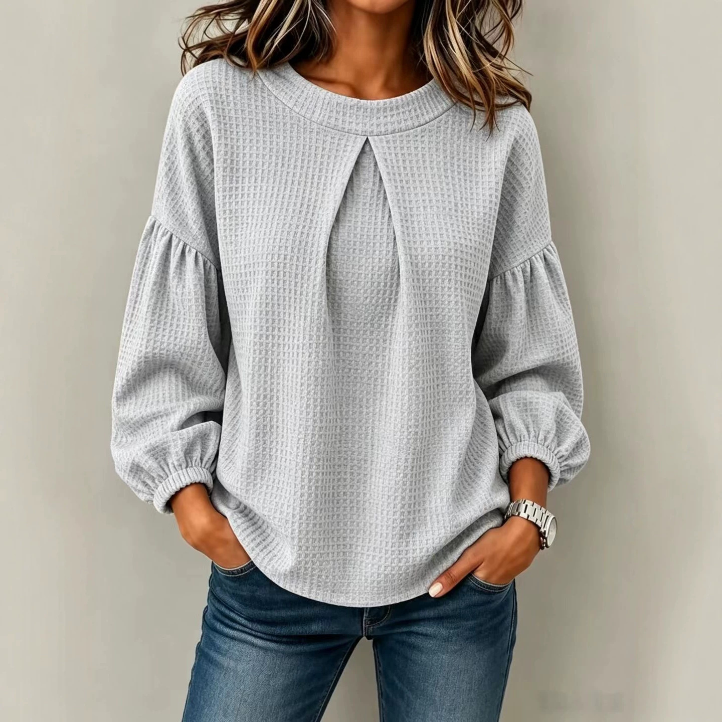 Women's Waffle Knit Crewneck Lantern Sleeve Loose Fit T-Shirt