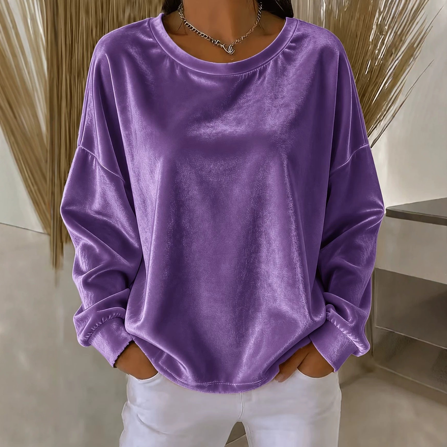 Women's Velvet Long Sleeve Crewneck T-Shirt Solid Color Loose Fit