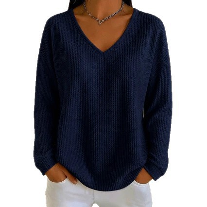 Women's Waffle Knit V-Neck Long Sleeve Loose Fit Solid Color T-Shirt