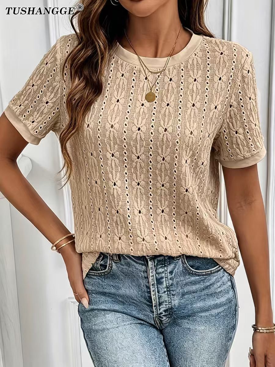 Women's Water-Soluble Embroidered Pointelle Knit T-Shirt