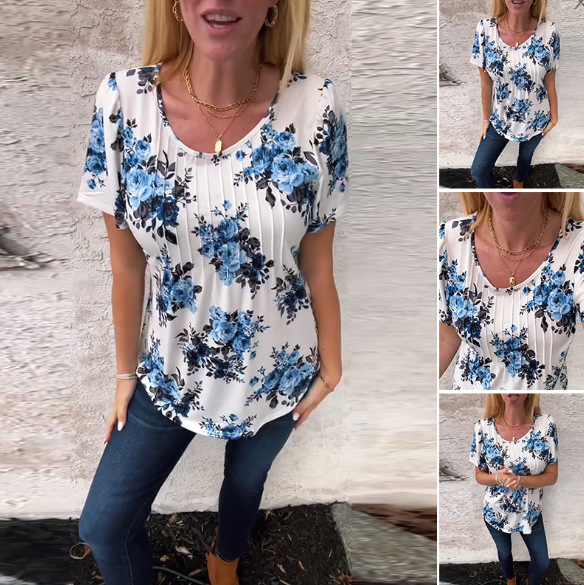 Bohemian Floral Print Short Sleeve Crew Neck T-Shirt