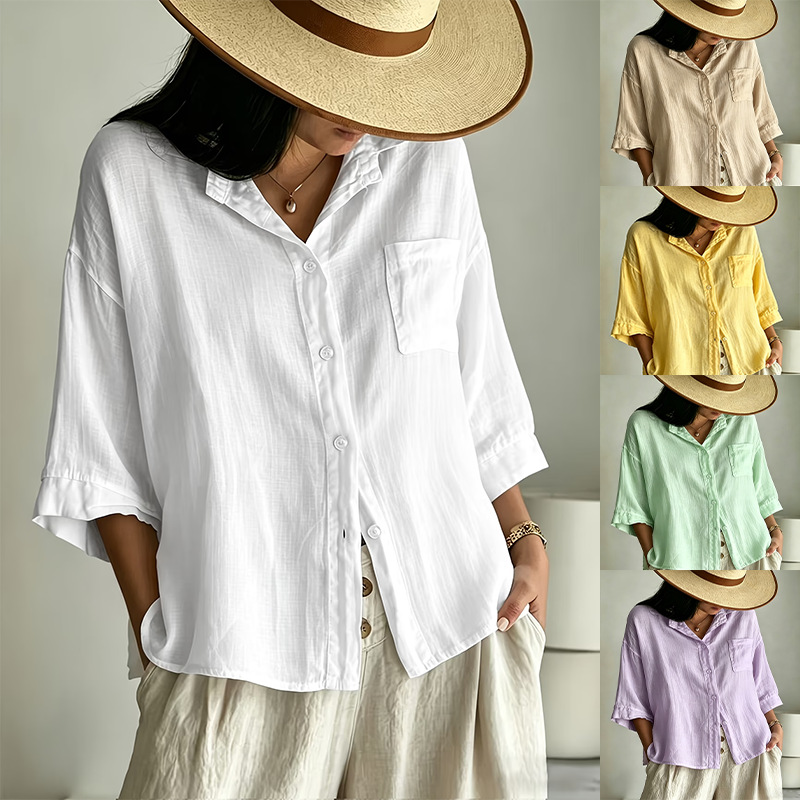 Textured Cotton-Linen Button-Front Shirt with Collar, Chest Pocket, Drop Shoulder, 3/4 Sleeve, Loose Fit