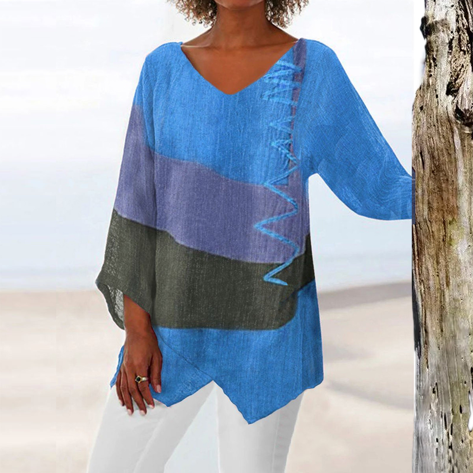 Women's Casual Loose V-Neck Asymmetrical Hem Art Print Long Sleeve Vintage Top