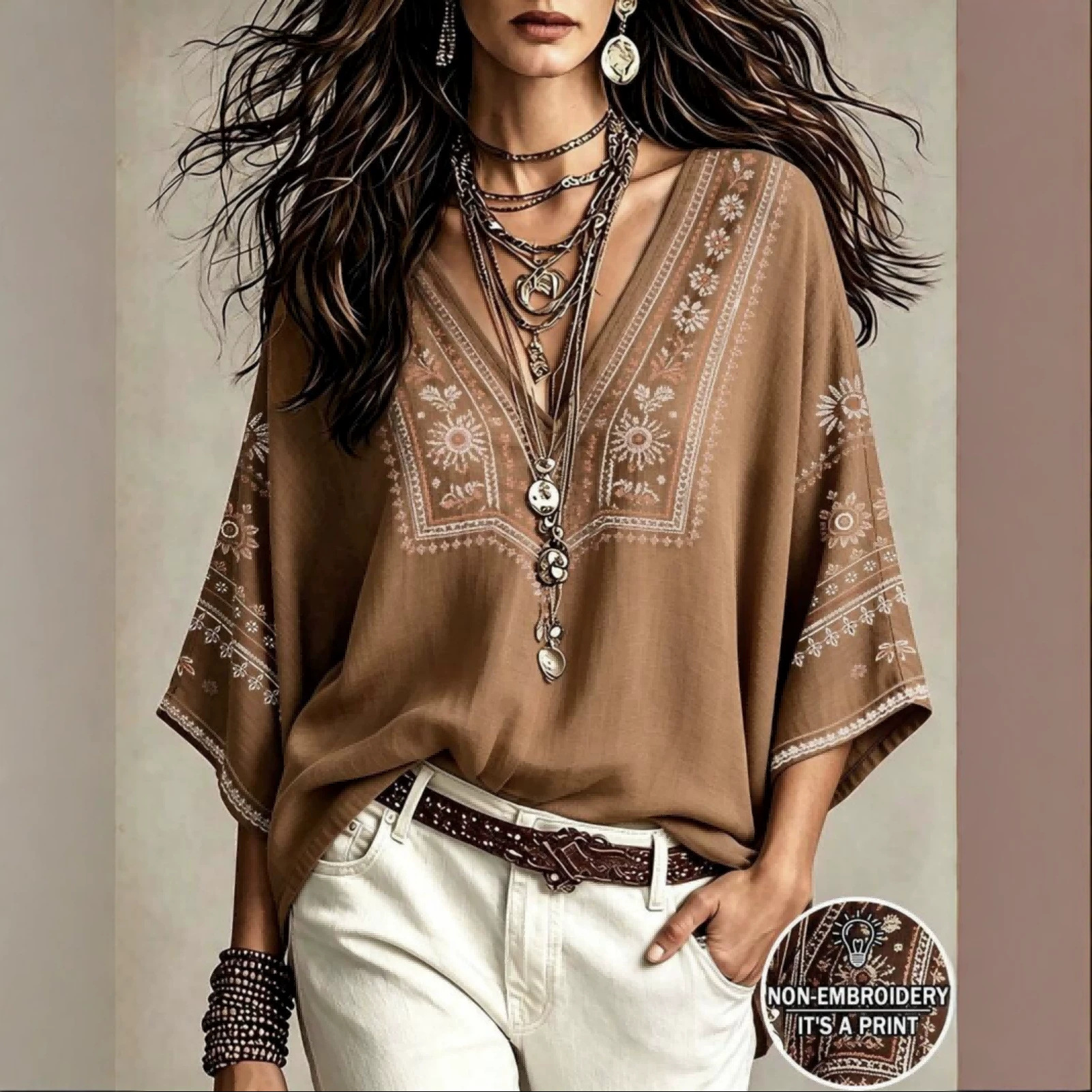 Women's Loose V-Neck Geometric Print Casual Shirt
