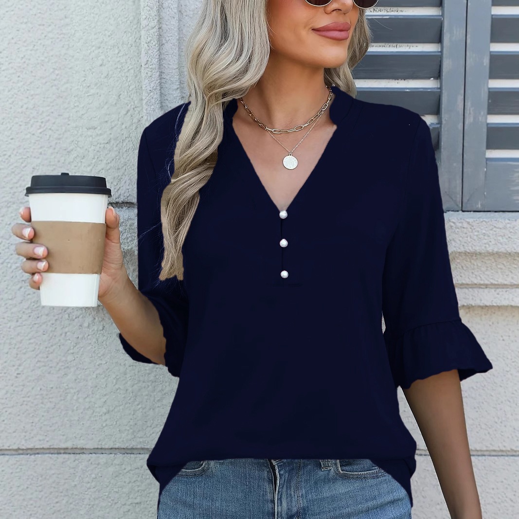 Women's Solid Color V-Neck Mid-Sleeve T-Shirt Top