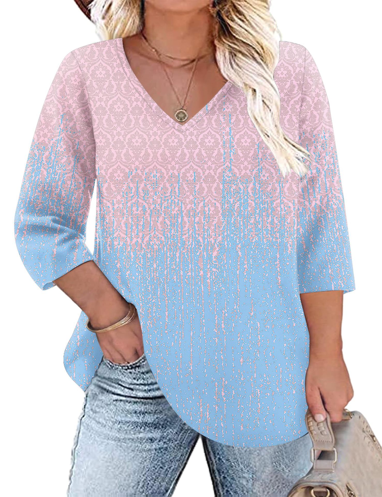 Women's Floral Print V-Neck Loose Long Sleeve T-Shirt