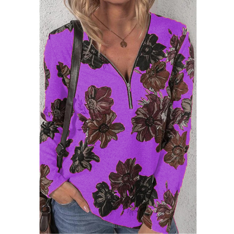 Women's Floral Print Zip Pullover Long Sleeve Loose T-Shirt Top