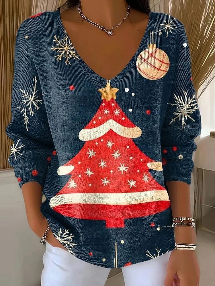 Halloween Plant & Tree Print V-Neck Long-Sleeve T-Shirt for Women