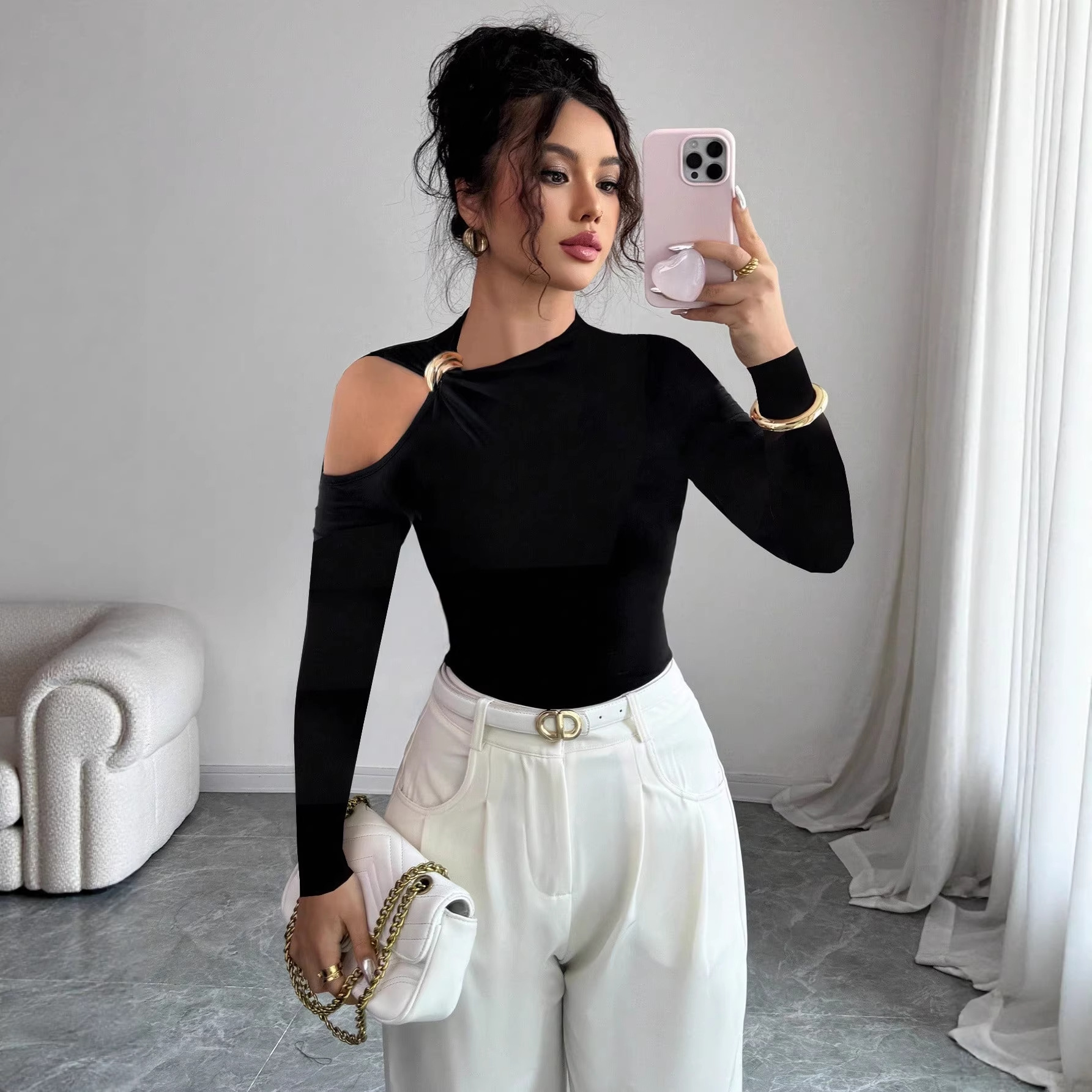 Asymmetric One-Shoulder Metal-Trim Slim-Fit Top