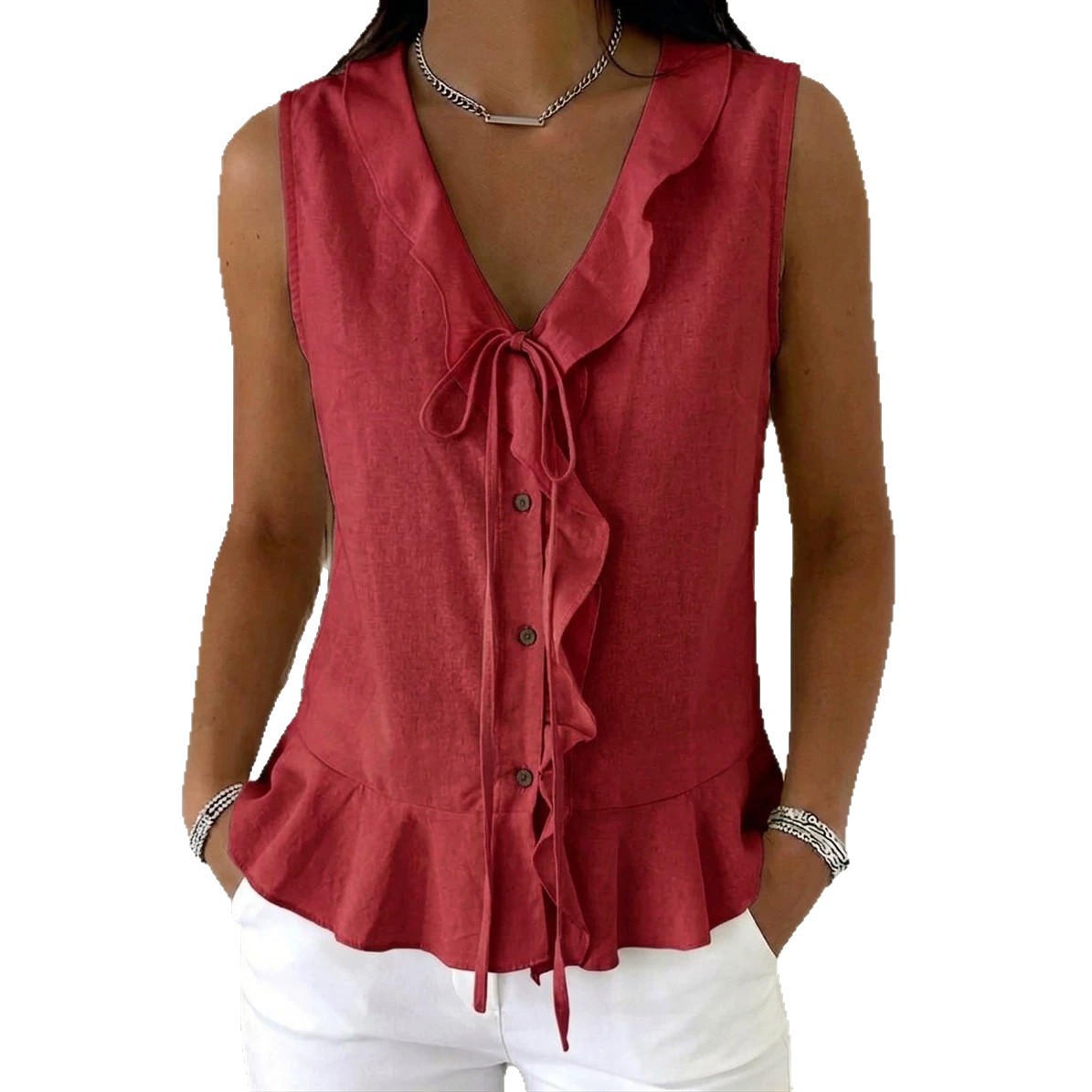 V-Neck Ruffle Tie Sleeveless Tank Top with Ruffle Hem Casual Women's Blouse