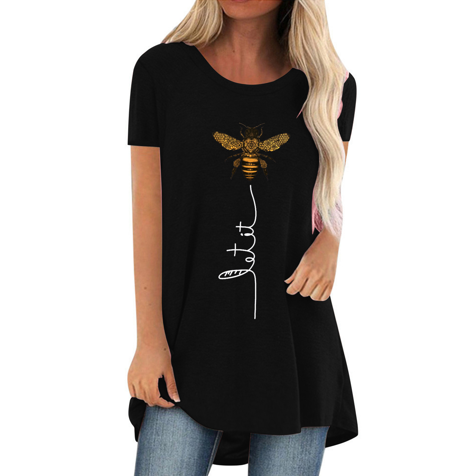 Bee Letter Print Crewneck Women's Short Sleeve Top