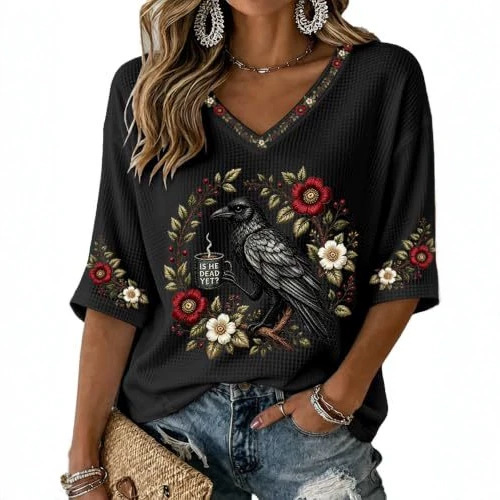 Bird & Crow Floral Print V-Neck Half-Sleeve T-Shirt