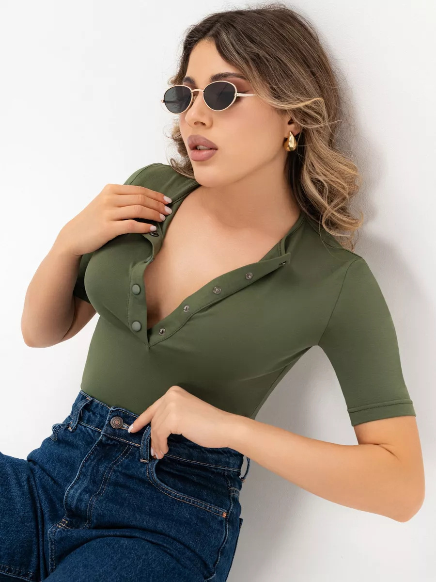 Women's Slim Fit Button Short Sleeve T-Shirt