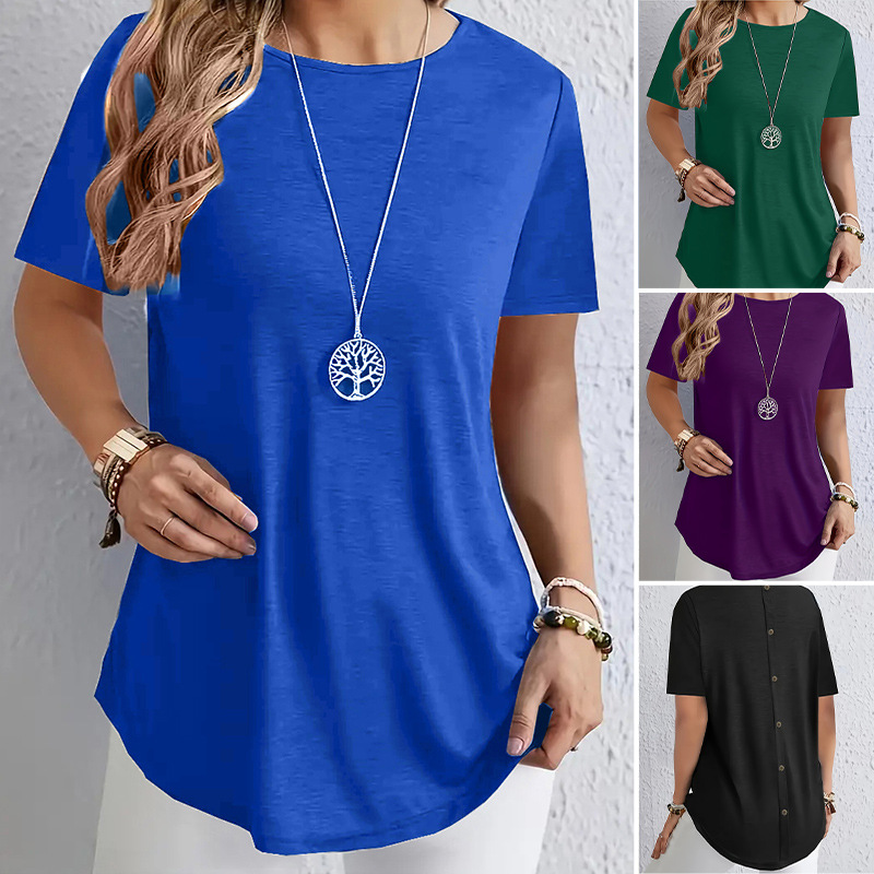 Women's Solid Color Elegant Round Neck Back Button T-Shirt