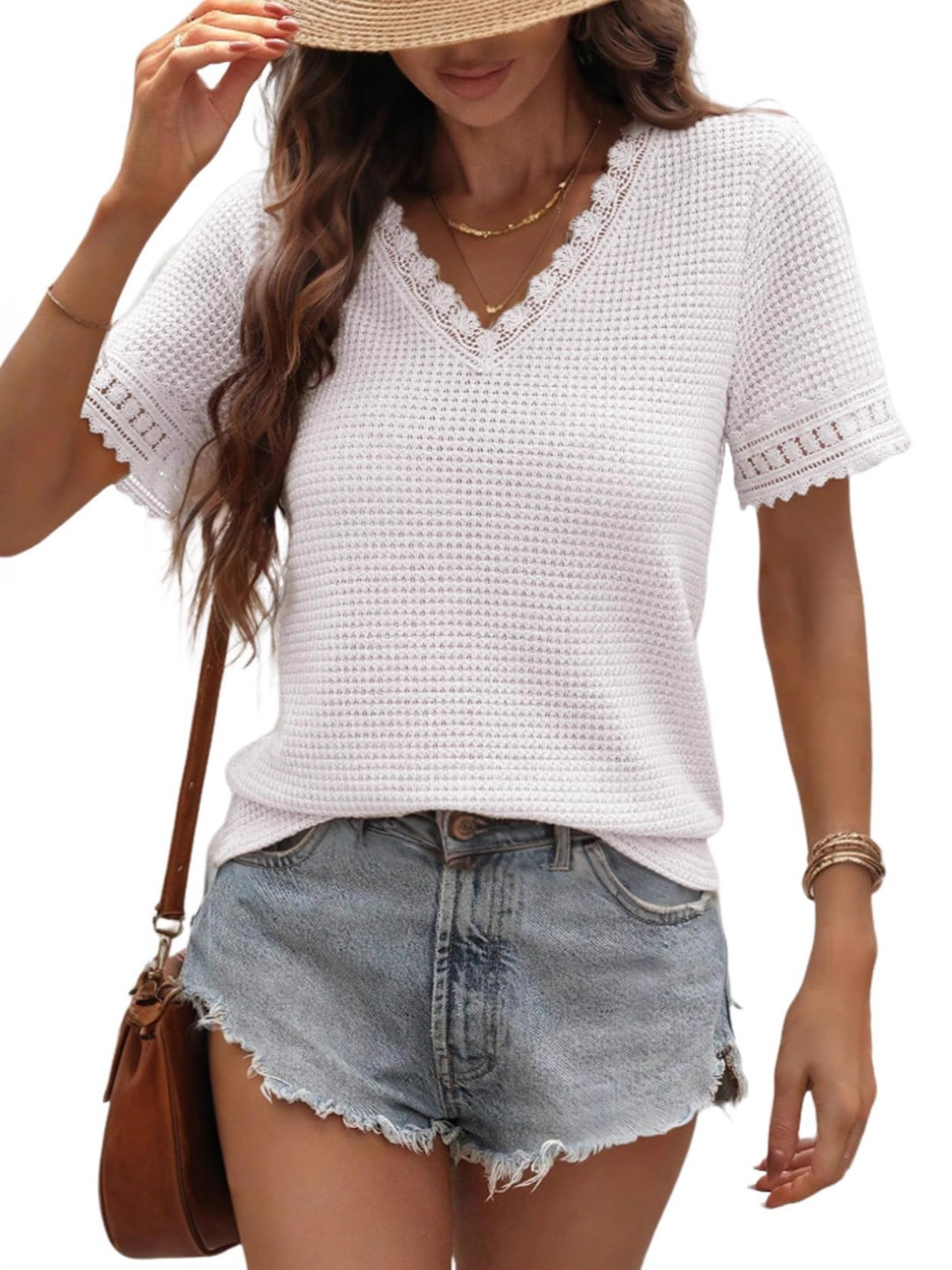 Women's V-Neck Waffle Knit Lace Trim Short Sleeve Top