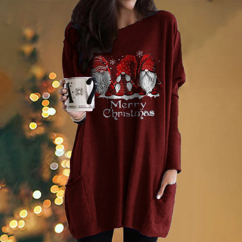 Christmas Santa Print Long-Sleeve Pocket Round-Neck T-Shirt Dress