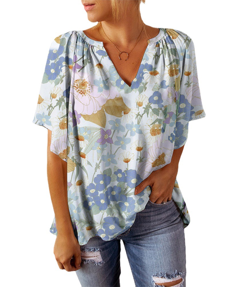 V-Neck Floral Print Short Sleeve Top