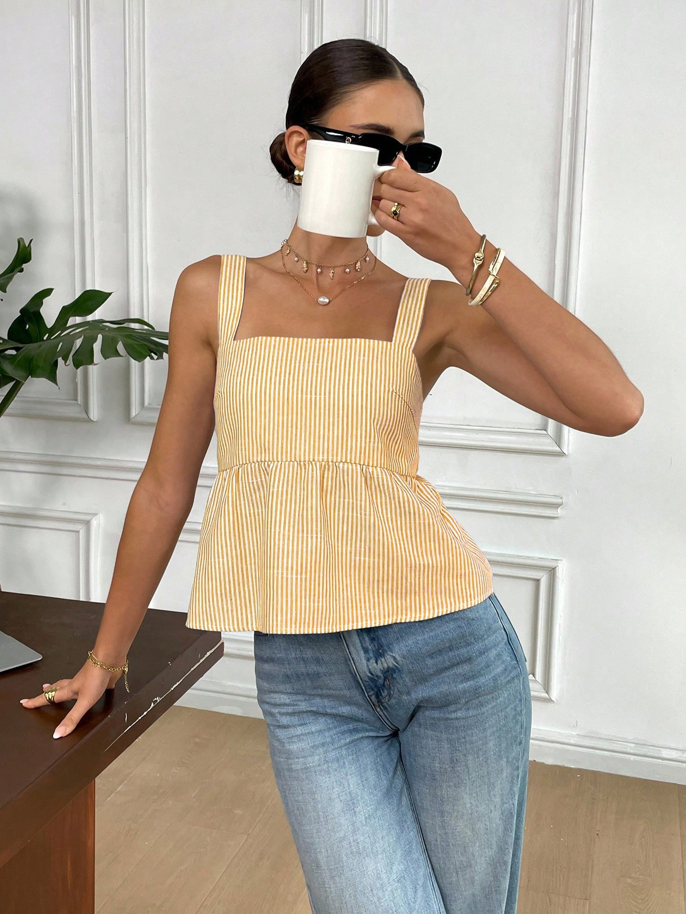 Striped Print Tie-Shoulder Cami Top Square Neck Backless Slim Fit