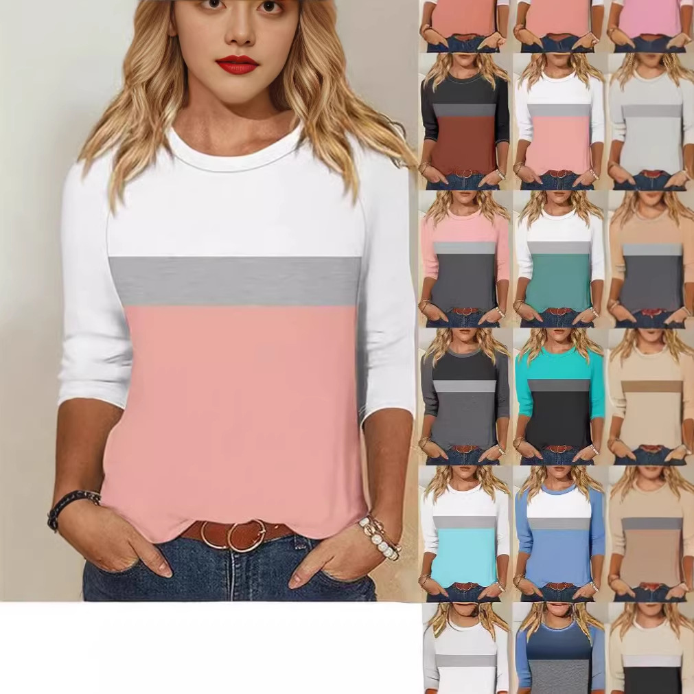 Women's Colorblock Houndstooth 3/4 Sleeve Crewneck T-Shirt