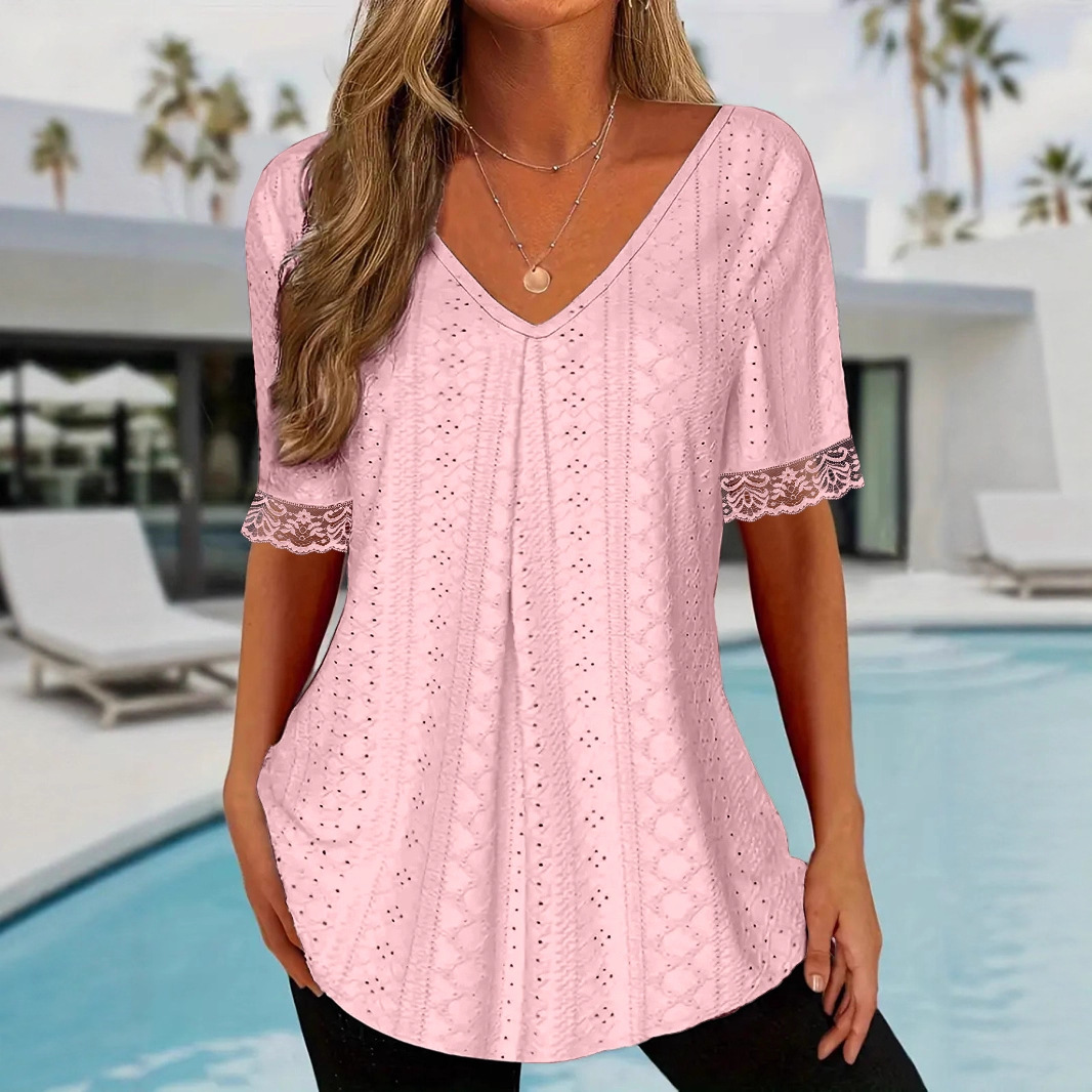 Women's Solid V-Neck Loose Short Sleeve Pleated T-Shirt