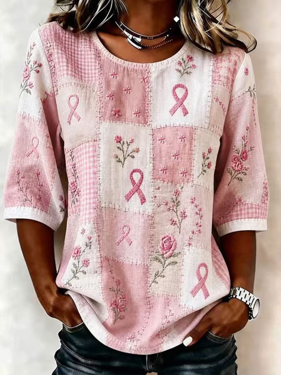 Floral Plaid Print Mid-Sleeve Women's Top