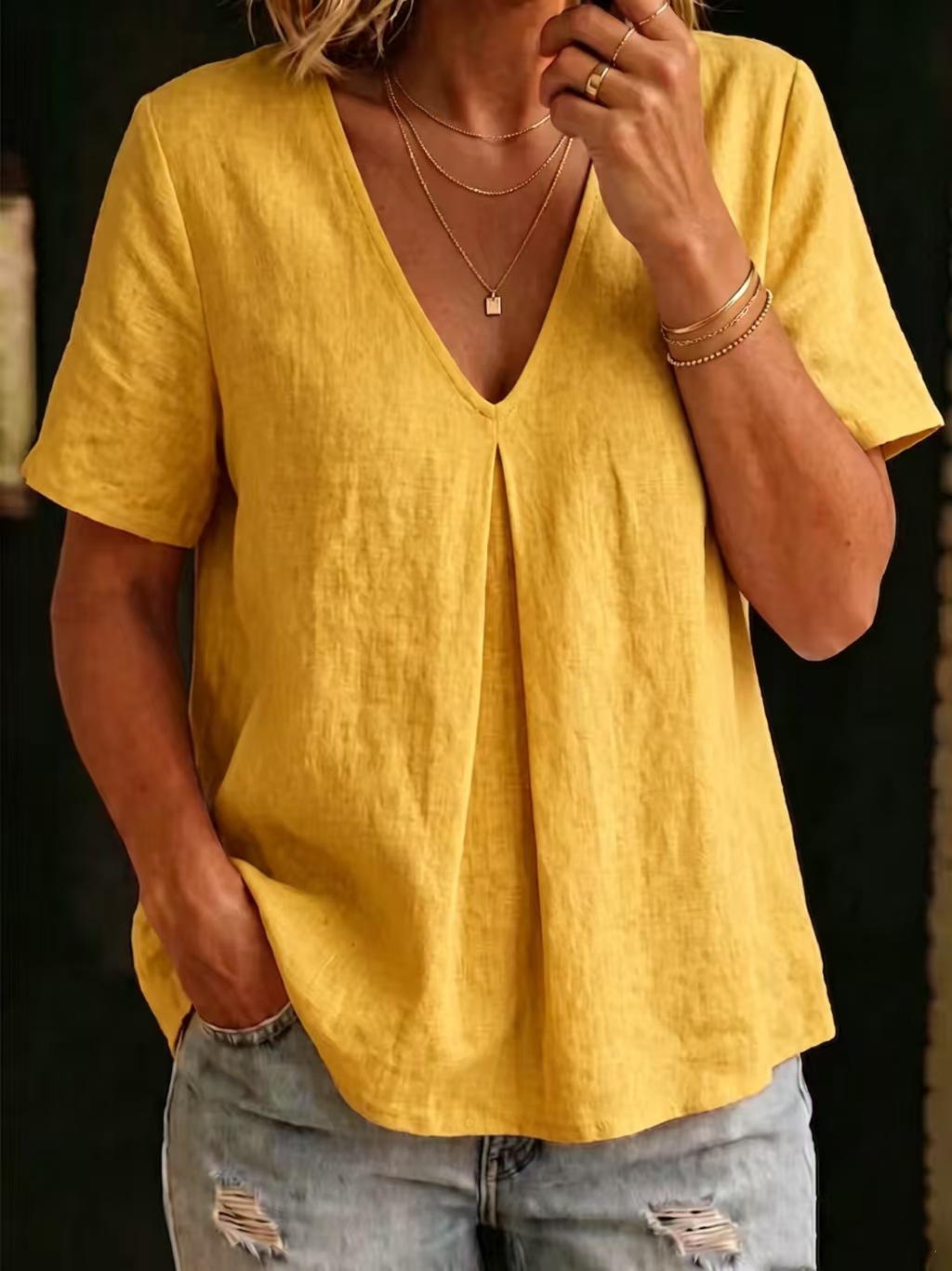 Cotton-Linen V-Neck Short-Sleeve Loose Fit Top for Women