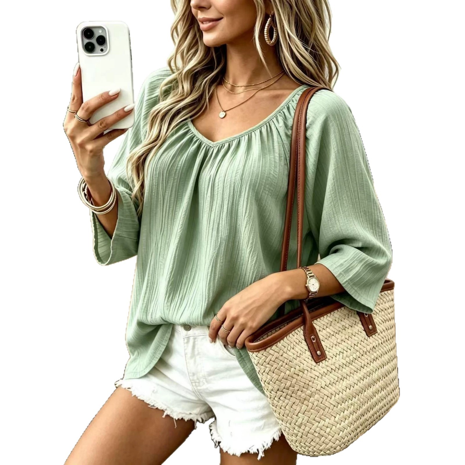 Women's Casual V-Neck Long Sleeve Loose Solid Pullover T-Shirt