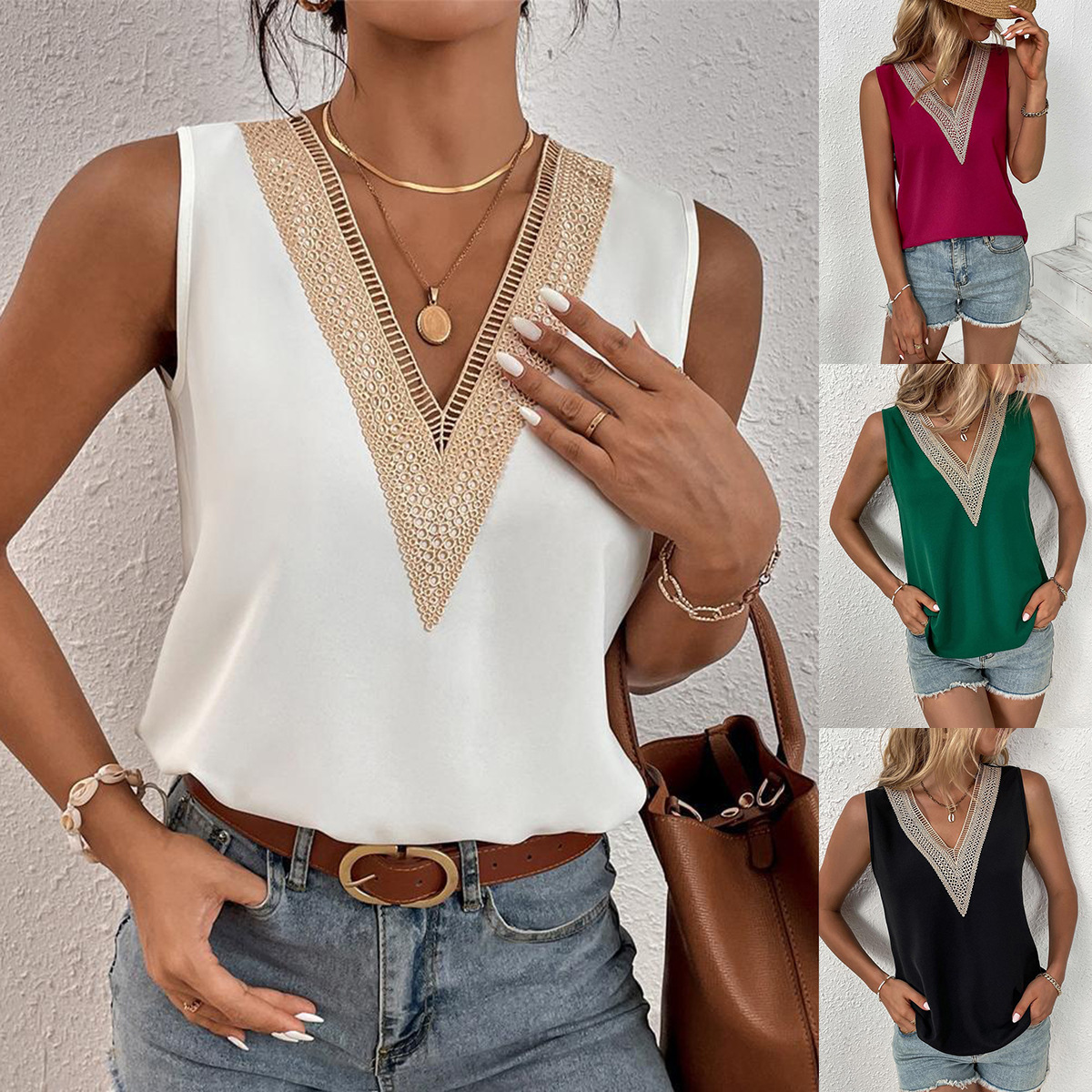 Women's Loose V-Neck Lace Sleeveless Tank Top Casual Solid Color