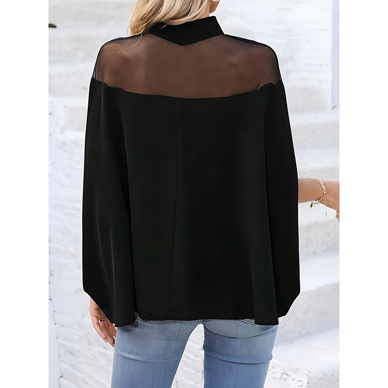 Women's Sheer Mesh Off-Shoulder High-Neck Top with Batwing Sleeves