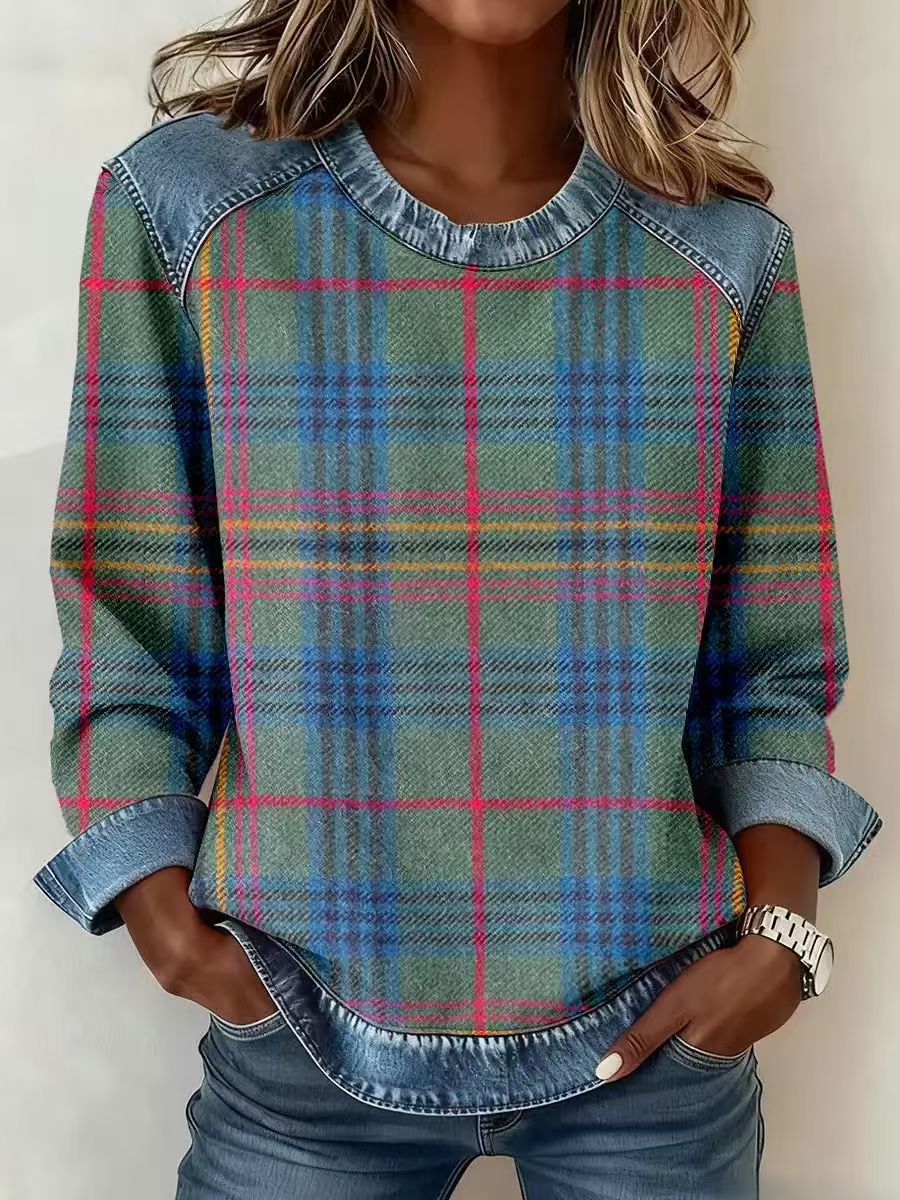 Plaid Patchwork Denim Crewneck Loose Women's Sweatshirt
