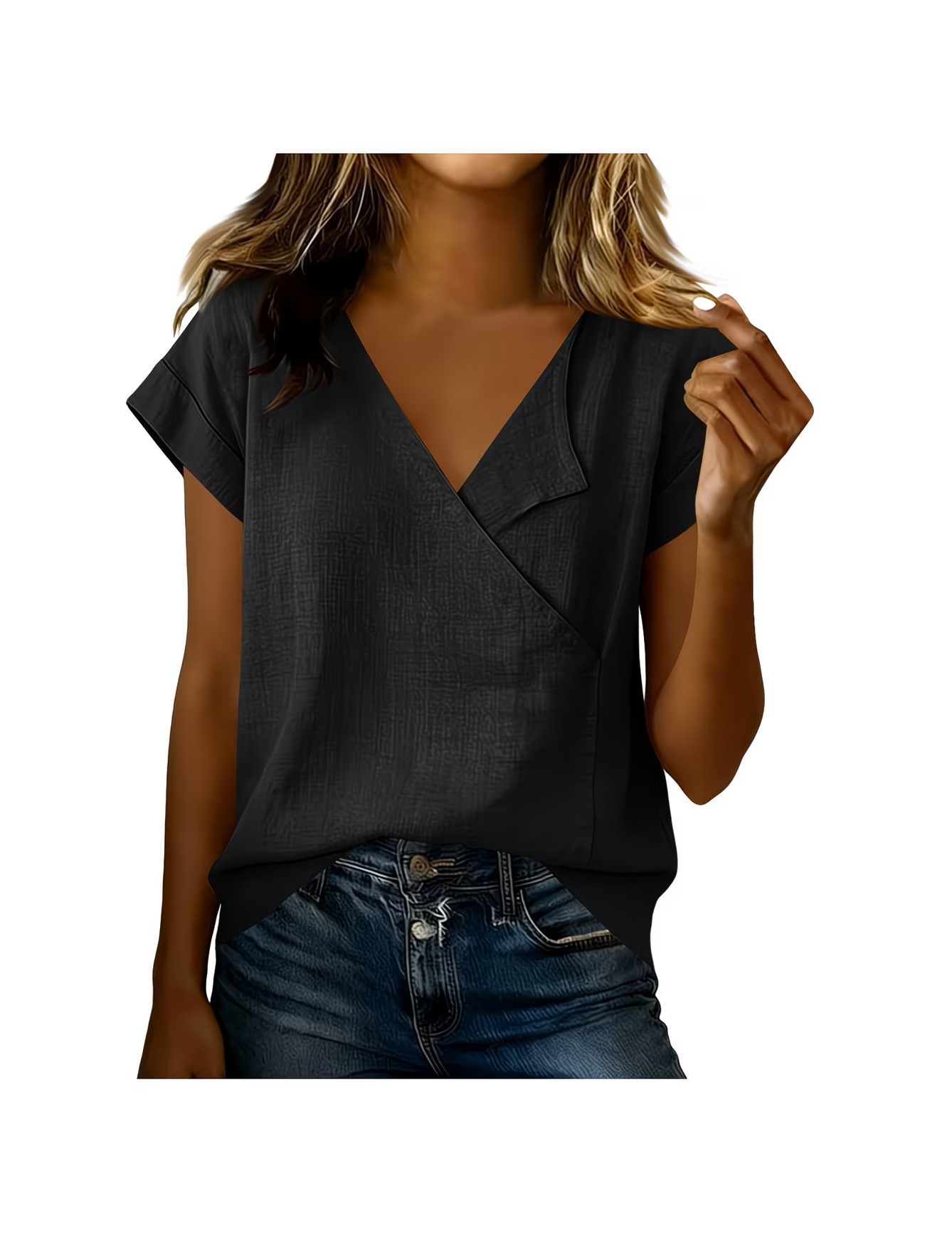 Women's Loose V-Neck Short-Sleeve Solid Cotton-Blend Shirt