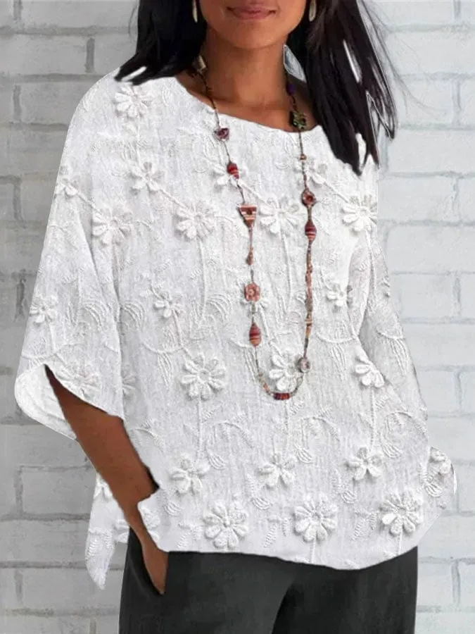 Women's Floral Petal Print Mid-Sleeve Casual Top