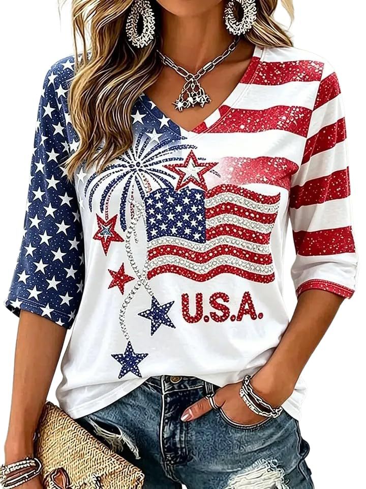 American Flag Star Print V-Neck Long Sleeve T-Shirt for Women