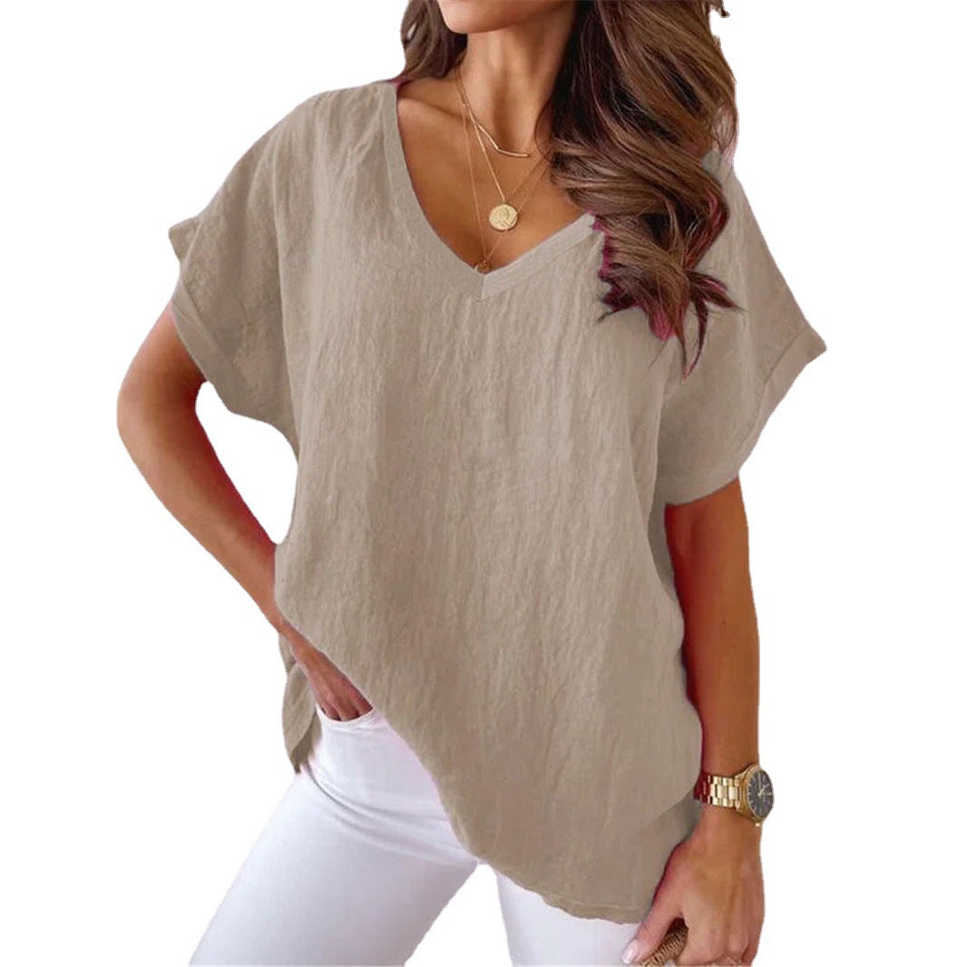 Batwing Short Sleeve V-Neck Solid Cotton Linen T-Shirt Casual Women's Top