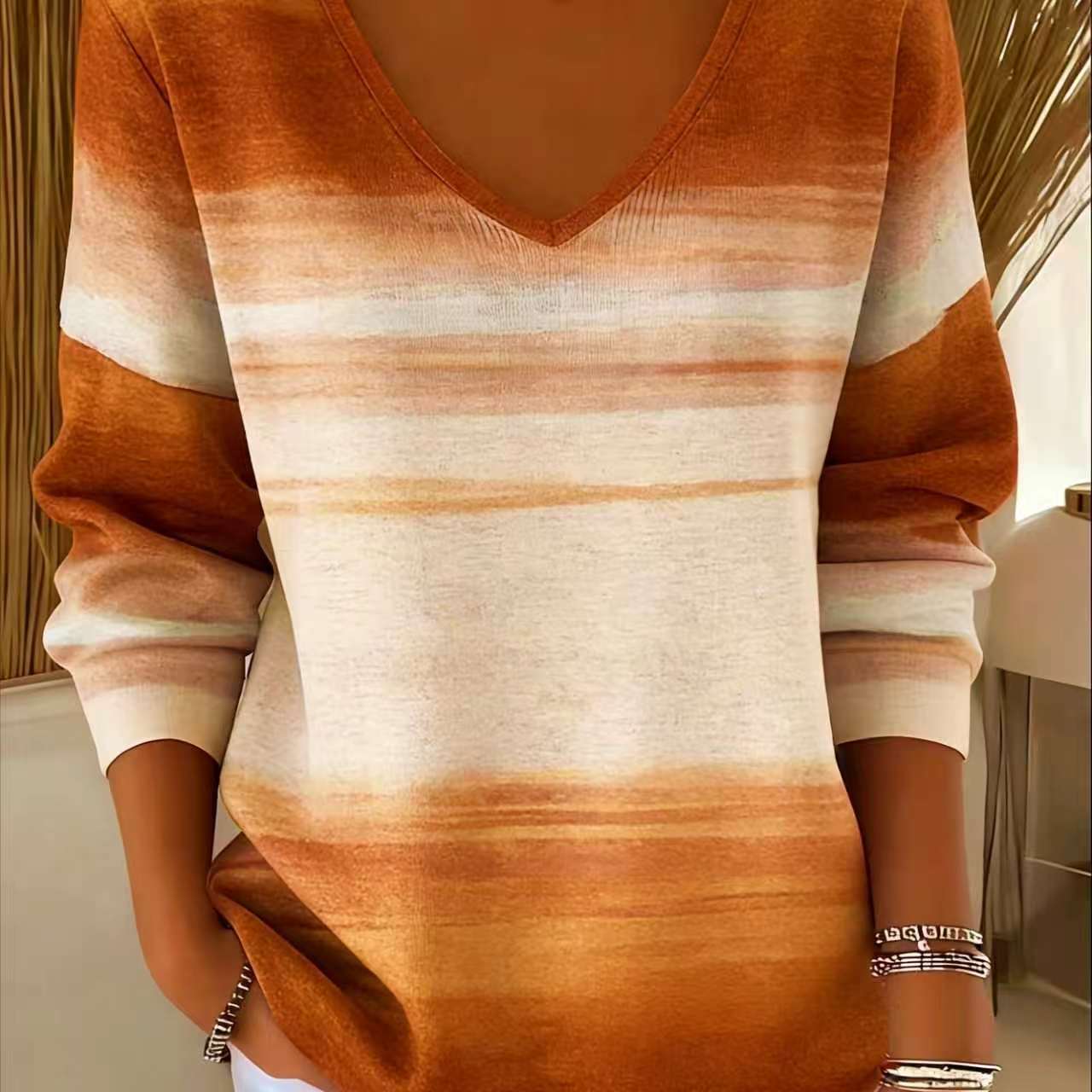 Colorful Leaf Striped V-Neck Long-Sleeve T-Shirt for Women