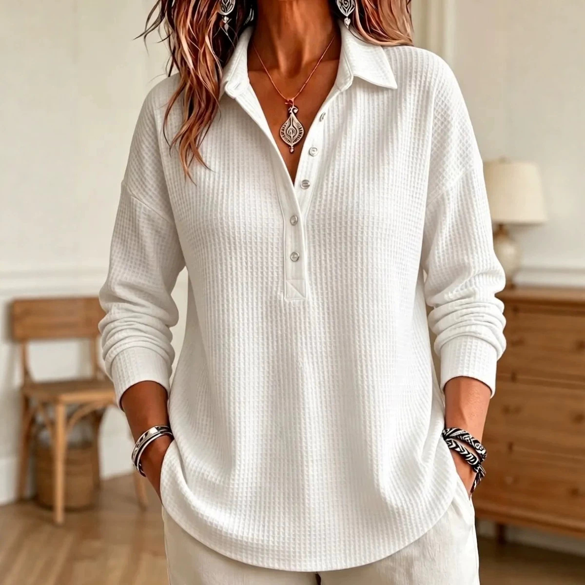 Women's Waffle Knit Collared Long Sleeve T-Shirt Loose Casual Pullover Top