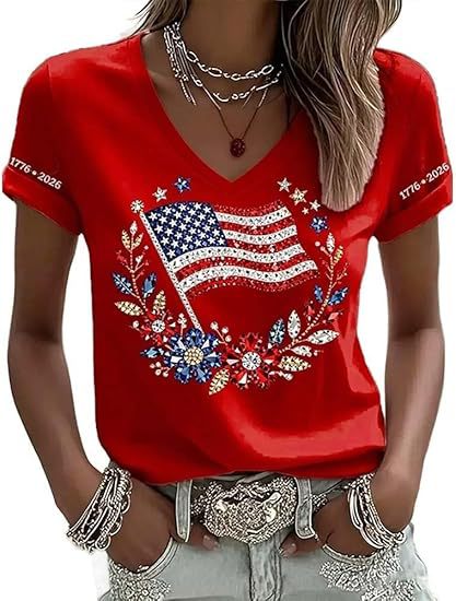 American Flag Print V-Neck Short Sleeve Women's T-Shirt